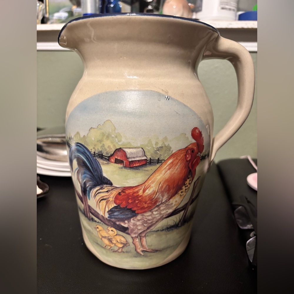 Vintage Marshall Pottery Rooster Stoneware Pitcher,Signed but unable to identify